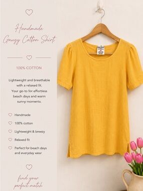 Balkan Handmade Gauzy Cotton Short Sleeve Tee - Yellow
